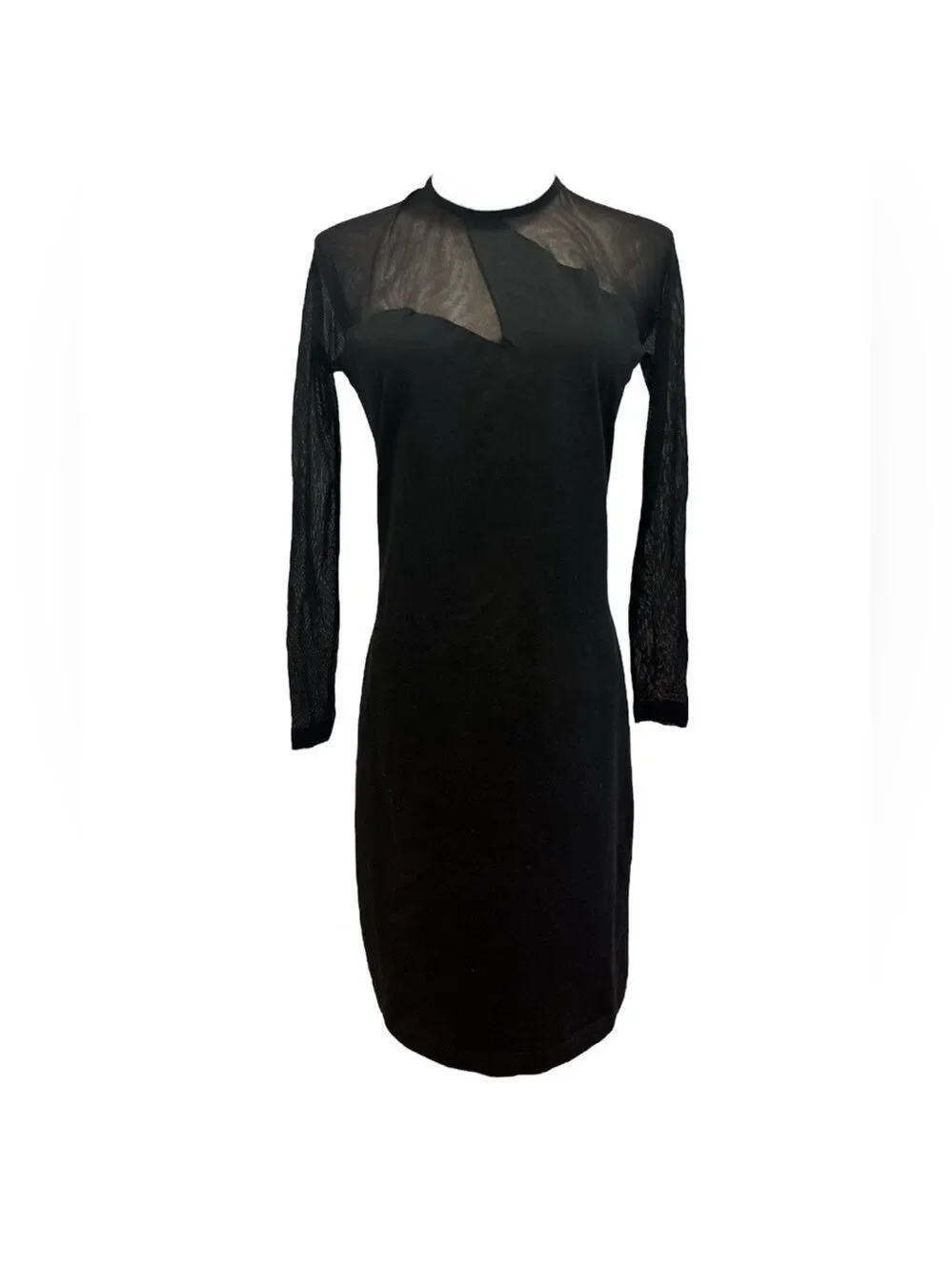 90s STYLEWORKS BLACK ILLUSION SLEEVES & CHEST ASYMMETRIC DETAIL MIDI DRESS SZ 12